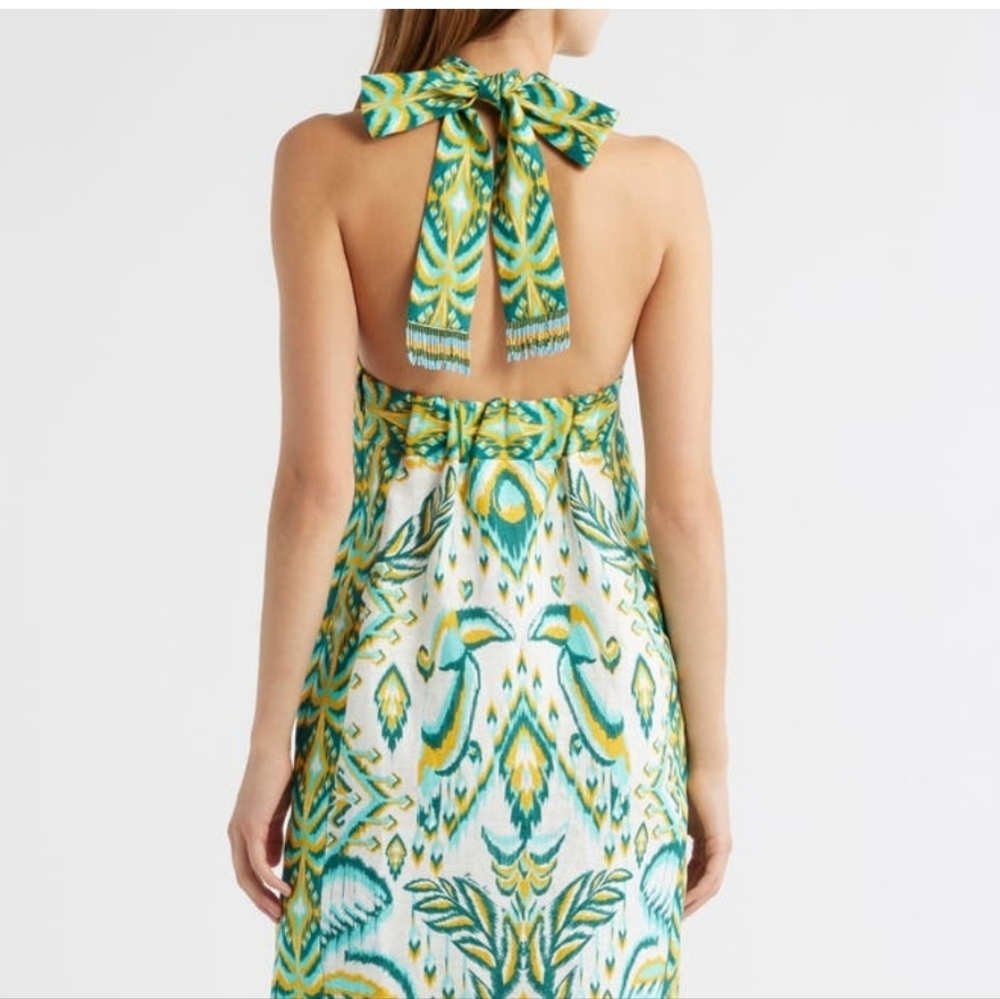 FARM RIO HALTER NECK TROPICAL LINEN MAXI SUNDRESS IN GREEN / SIZE:LARGE - Picture 4 of 16